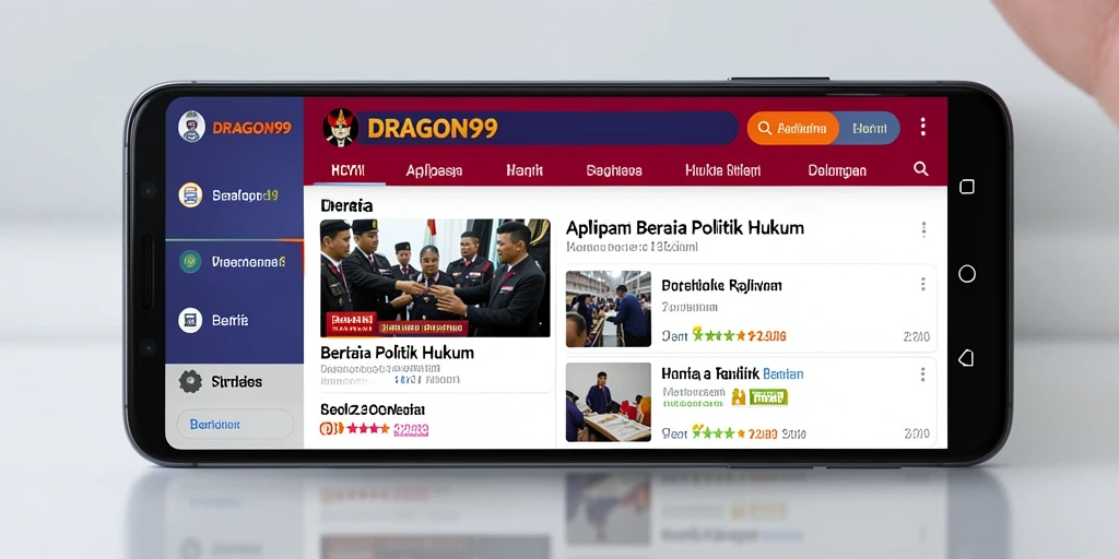Tampilan antarmuka aplikasi DRAGON99 dengan berita politik hukum.