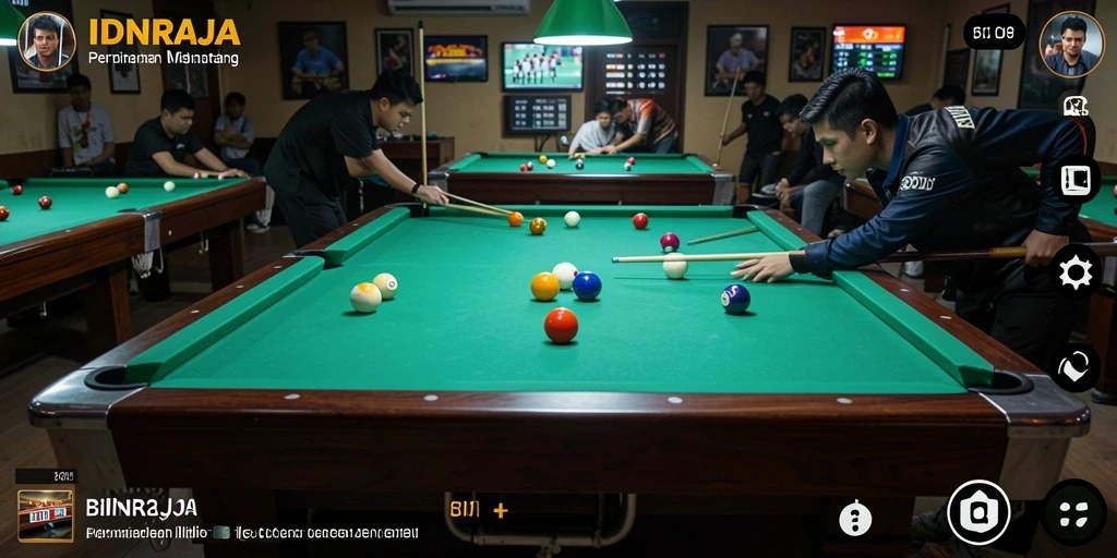 Antarmuka permainan billiard IDNRAJA yang menarik dan interaktif.